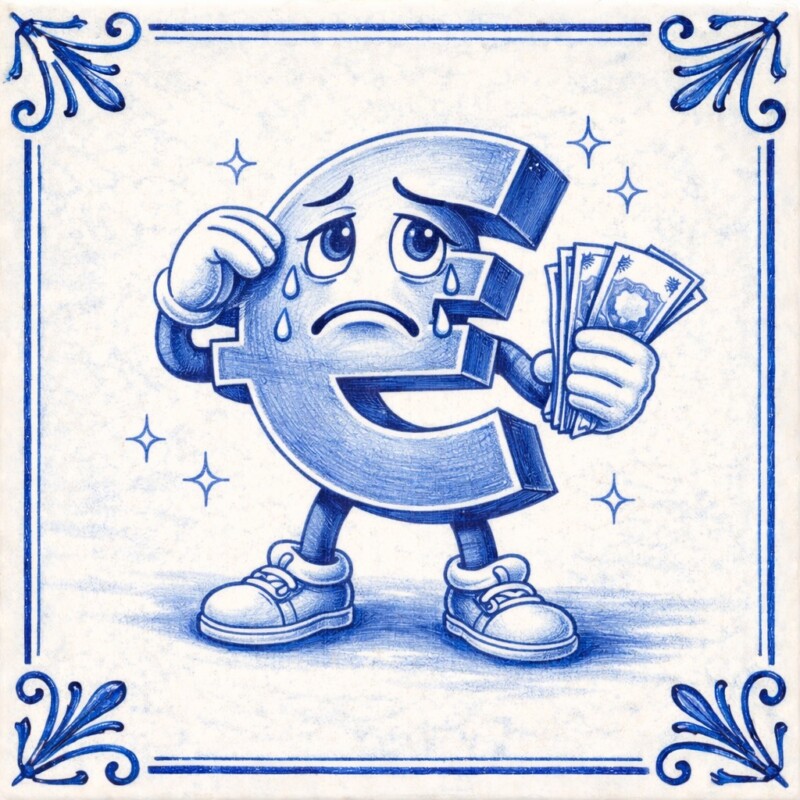 money sign with sad cartoon on delftsblue tile